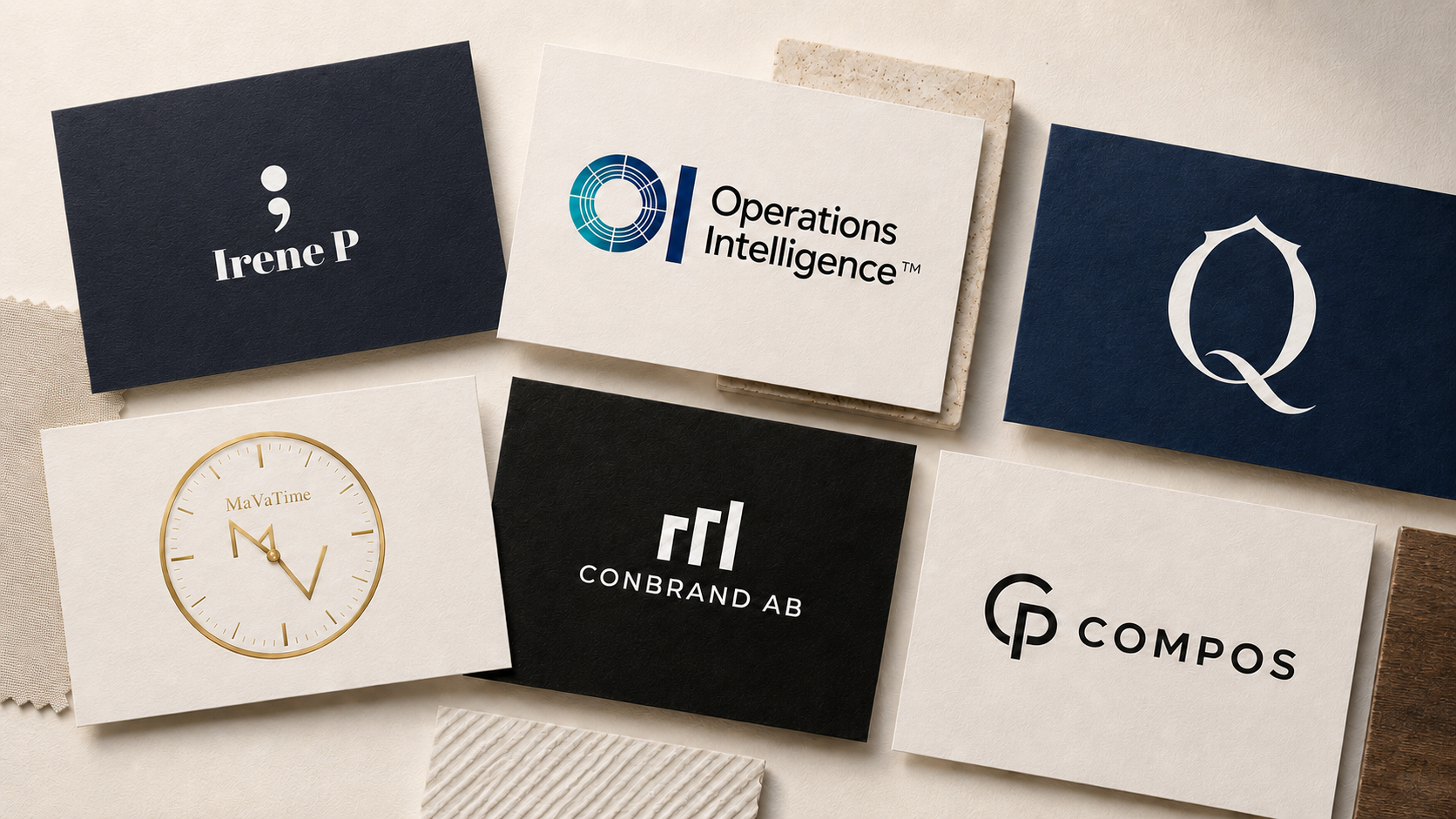 Visitkort med logotyper: Irene P, Operations Intelligence, Qollective, MaVaTime, Conbrand AB och Compos
