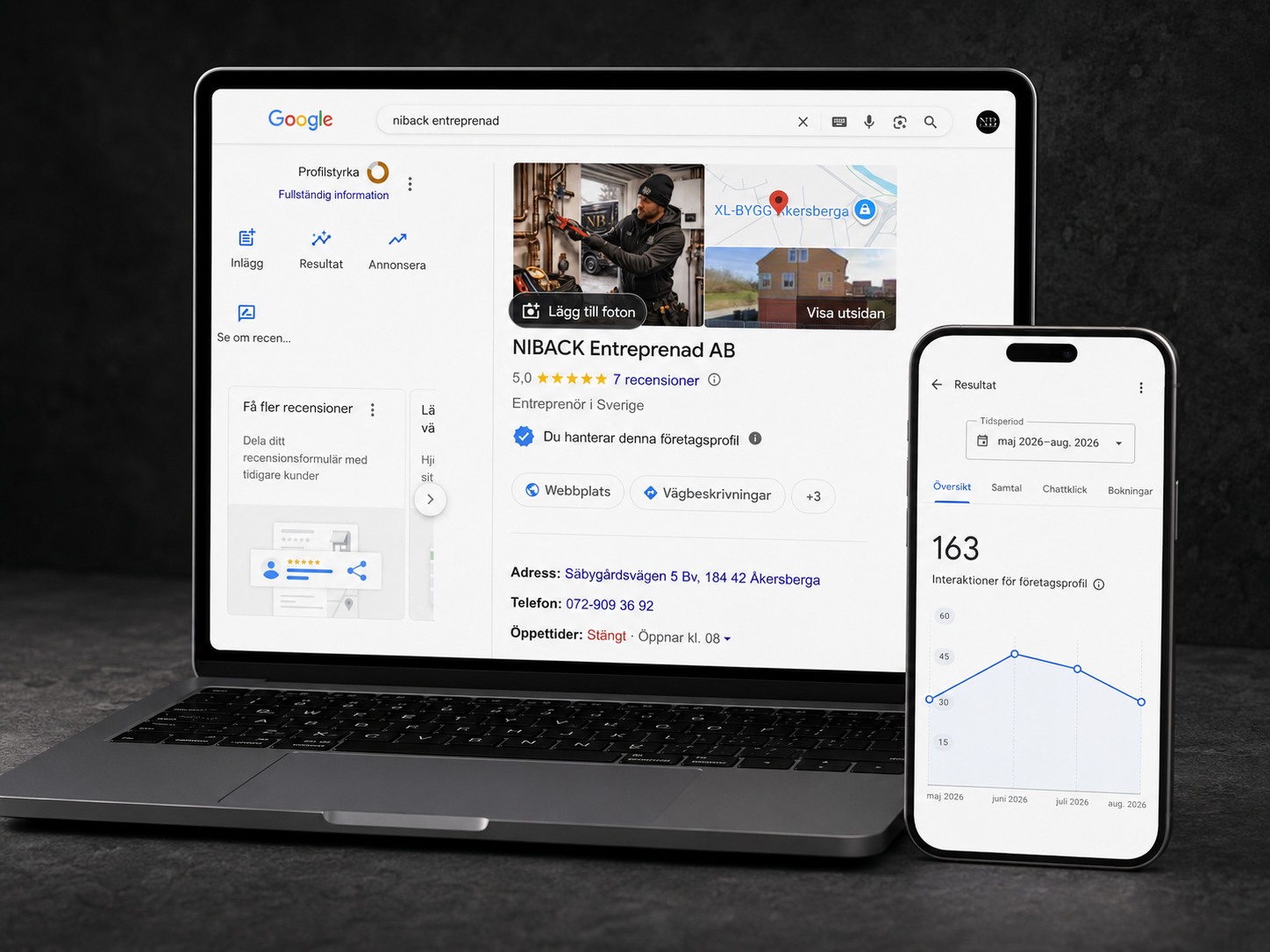 Nibacks Google Business Profile och statistik i laptop och mobil